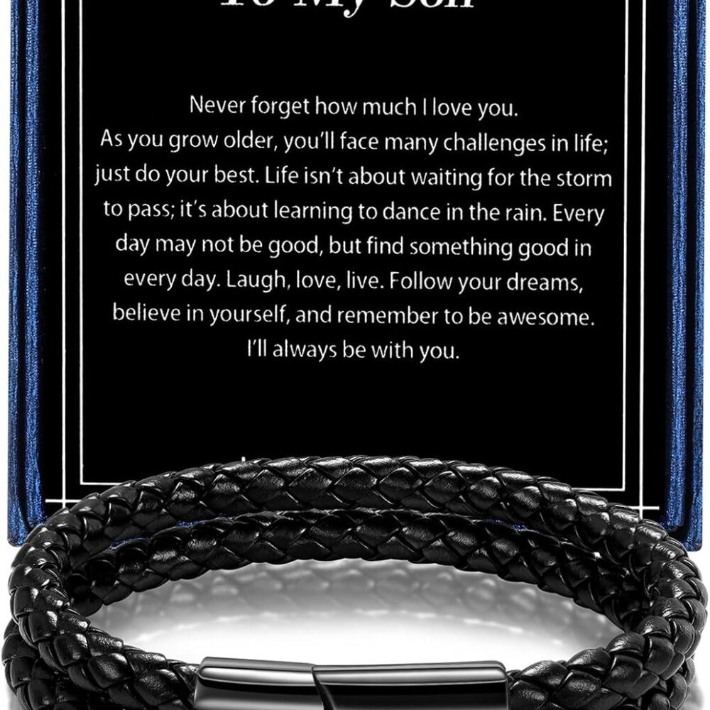 Men's Leather Bracelet with Cross Bible Verse, Double Layer Black Leather Bracel